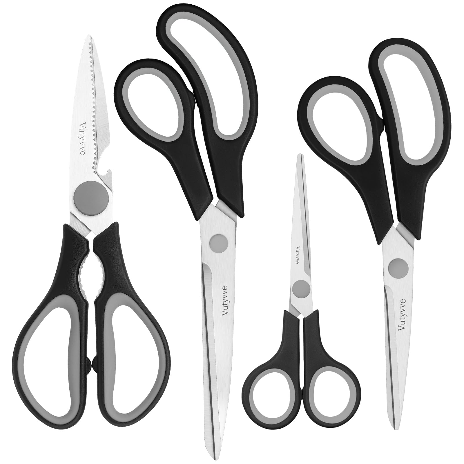 Vutyvve Kitchen Scissors, Stainless Steel Blades Soft Handle, Multifunctional Kitchen Scissors Set, Black/Grey, 4 Piece Set