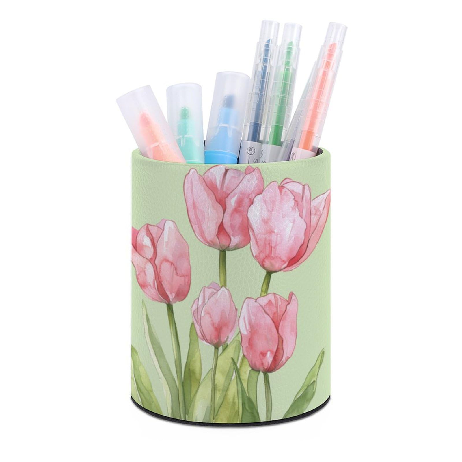 KLOPH PU Leather Pen Holder for Desk, Aesthetic Pencil Cup for Desktop, Makeup Brush Srotage for PenOrganizer Office Supplies, FlowerClip Art Pen Cup Pencil Caddy for Home Art Supply