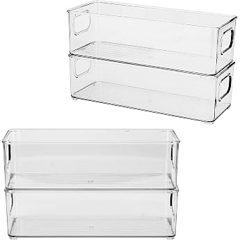 Fridge Organiser Stackable Set of 4 25.5 x 10 x 7.6 cm Fridge Box with Handle Pantry Storage Container for Kitchens Kitchen Cabinets Desk Clear