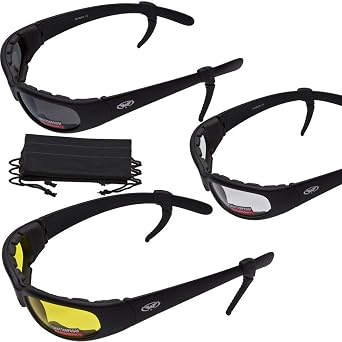 Global Vision Chicago Foam Padded Motorcycle Sunglasses Rubber Ear Locks and Microfiber Pouch 3 Pair Black Frame