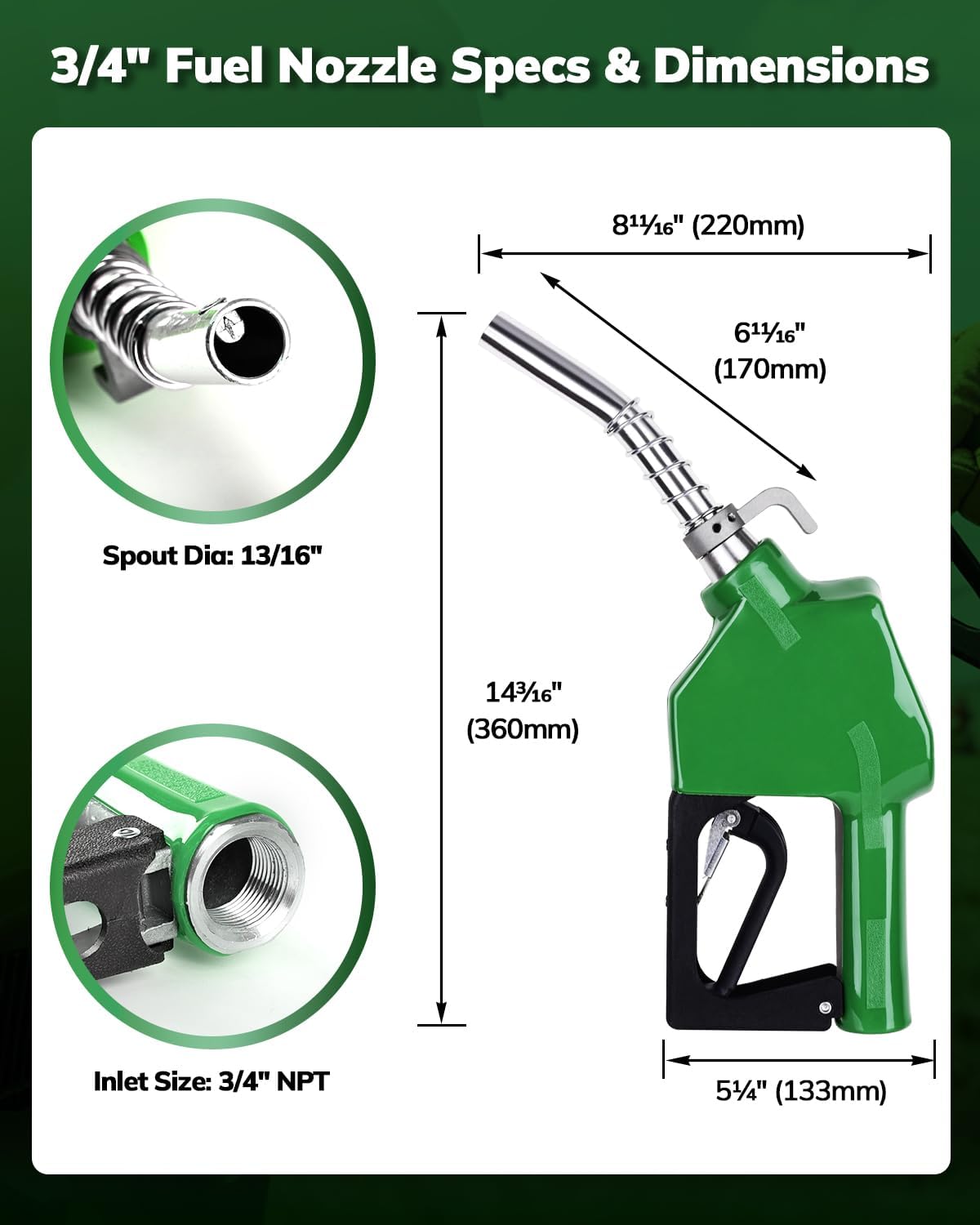 4 Pack 3/4" NPT Automatic Fuel Nozzle, Auto Shut-Off Gas Pump Nozzle with Hook, Max Flow 16 GPM, 3-Speed Padlock, for Diesel, Gasoline, Kerosene, Biodiesel up to B20 (Green)