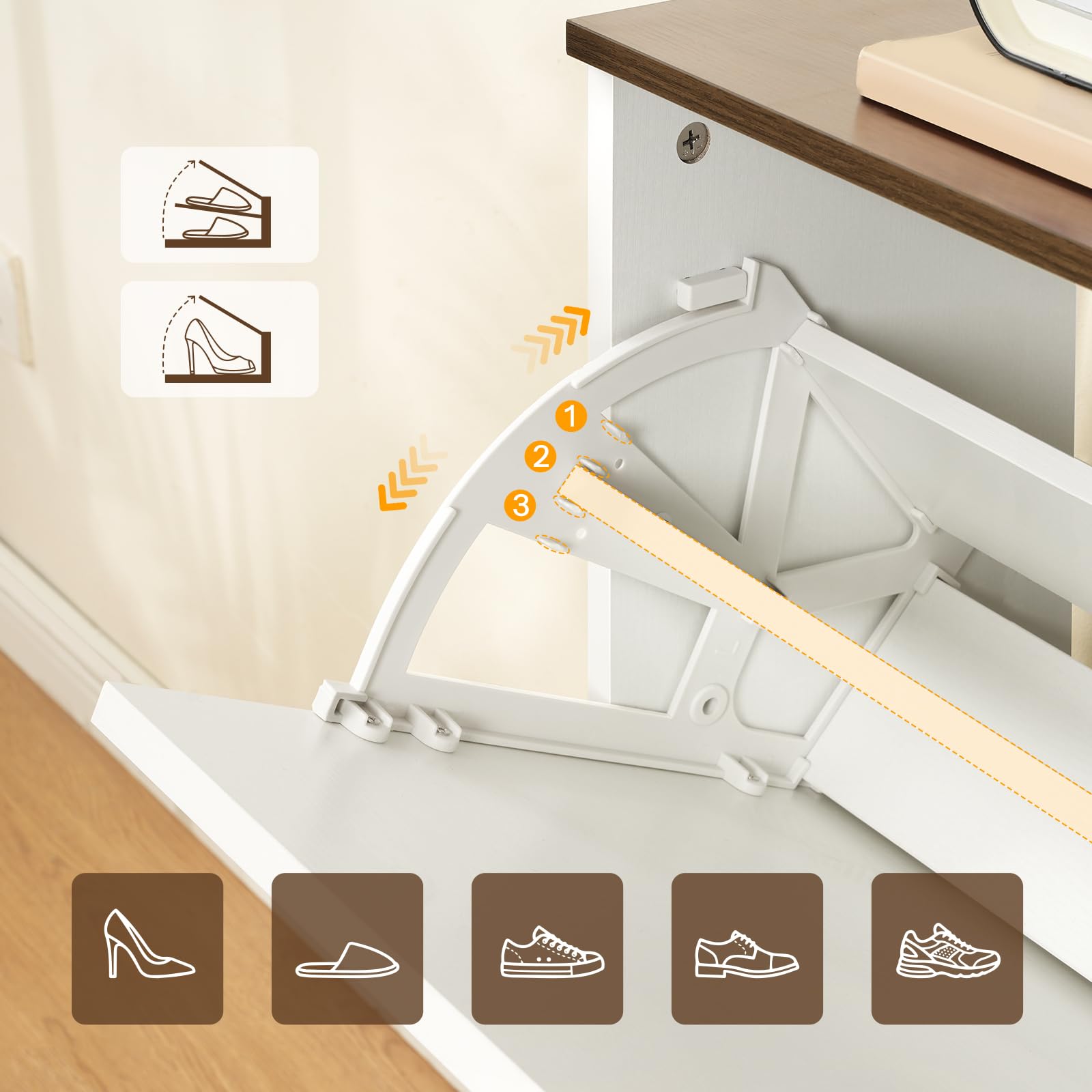 HOOBRO Meuble à Chaussures à Basculement, Meuble de Rangement Étroit, Portes en Arche, Tablettes Réglables, Basculeur de Chaussures, pour Couloir, Petits Espaces, Blanc et Noyer EWH42SC01