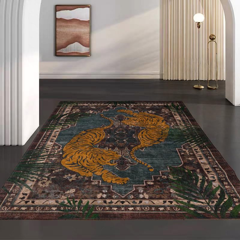 Alfombra de área estilo vintage con diseño de tigre multicolor y acabado Premium 2