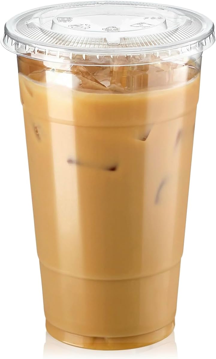 Fit Meal Prep 100 Pack 24 oz Clear Plastic Cups with Flat Lids, Disposable Iced Coffee Cups, BPA Free Premium Crystal Smoothie Cup for Party, Lemonade Stand, Cold Drinks, Juice, Milkshake
