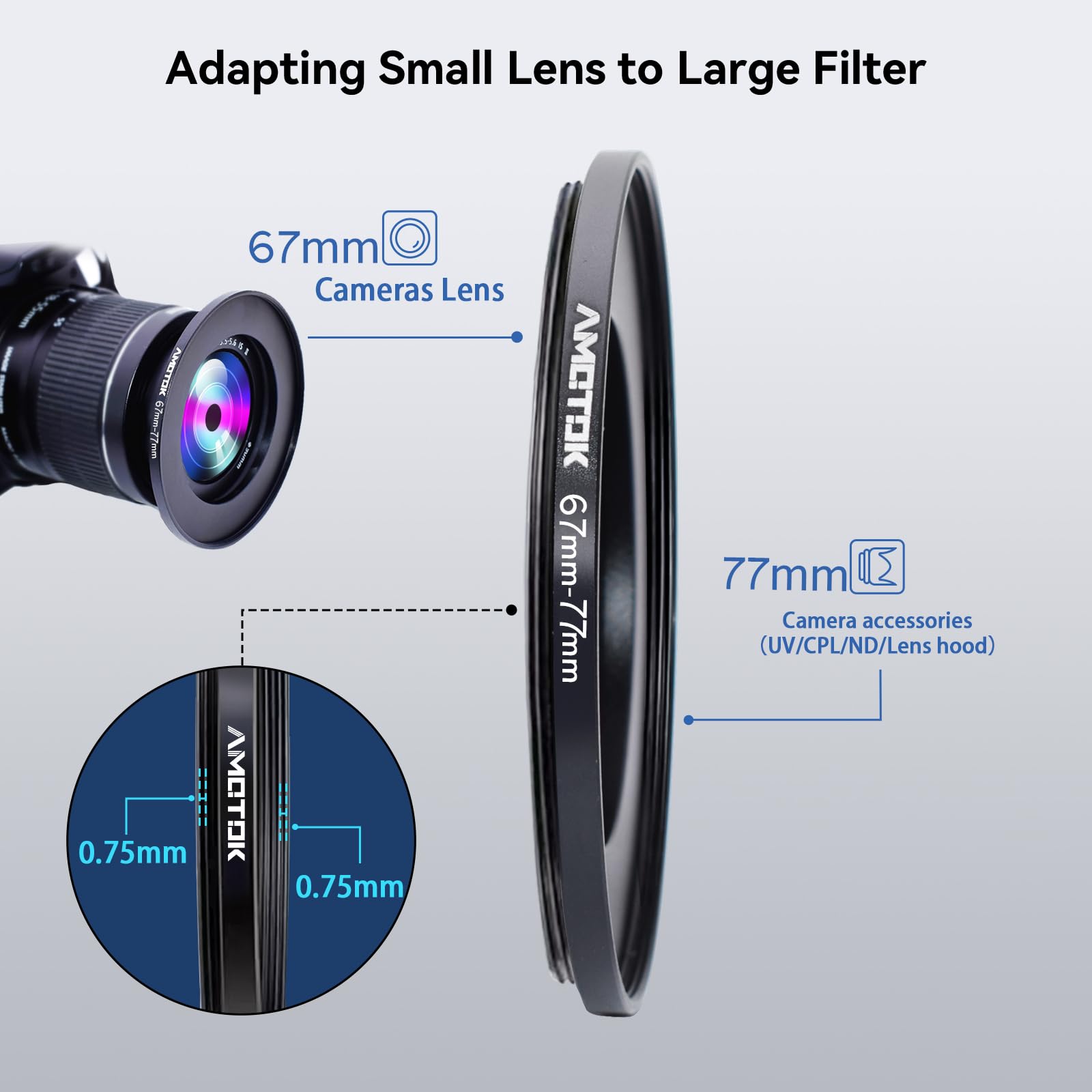 Bague Adaptatrice Réductrice 77 Mm Vers 67 Mm - Métal Noir, Pour Objectif Photo Et Filtres - 10