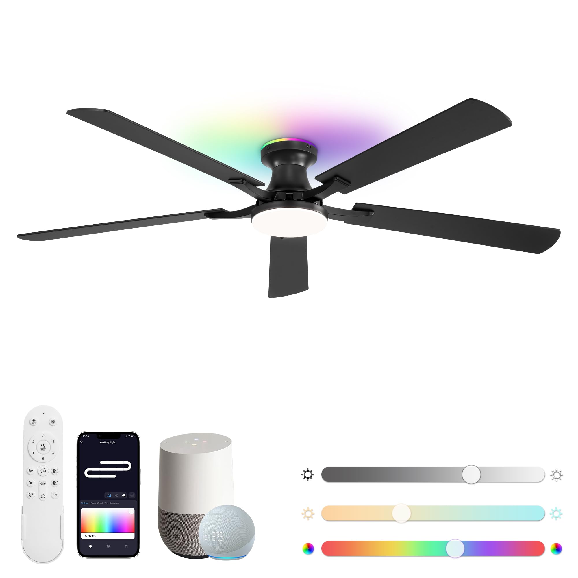ZMISHIBO 60 Inch Ceiling Fans with RGB Lights, Low Profile Flush