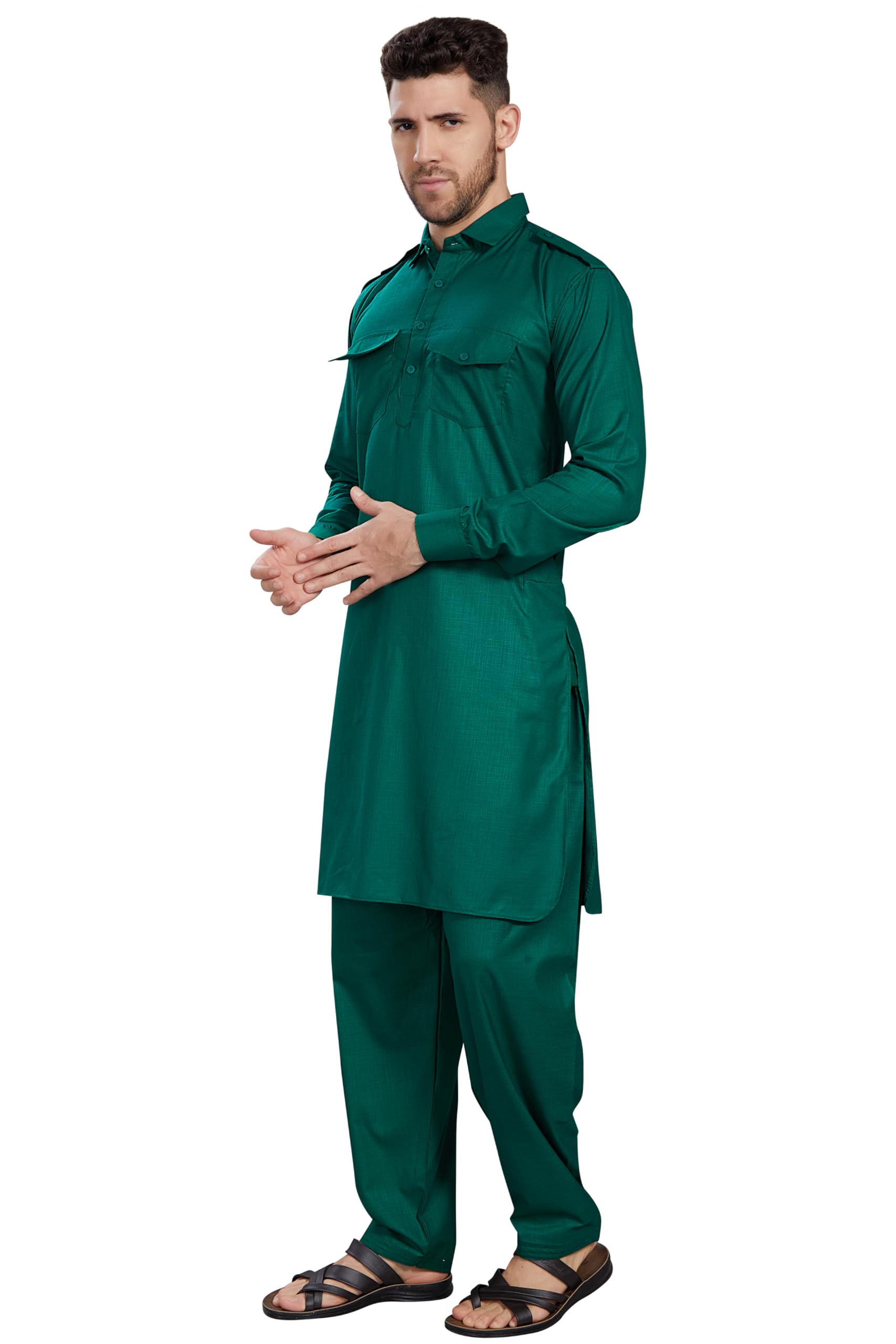 Divisive Men's Cotton Blend Pathani Kurta Pyjama Set (Dkrt463_Xl_Green)