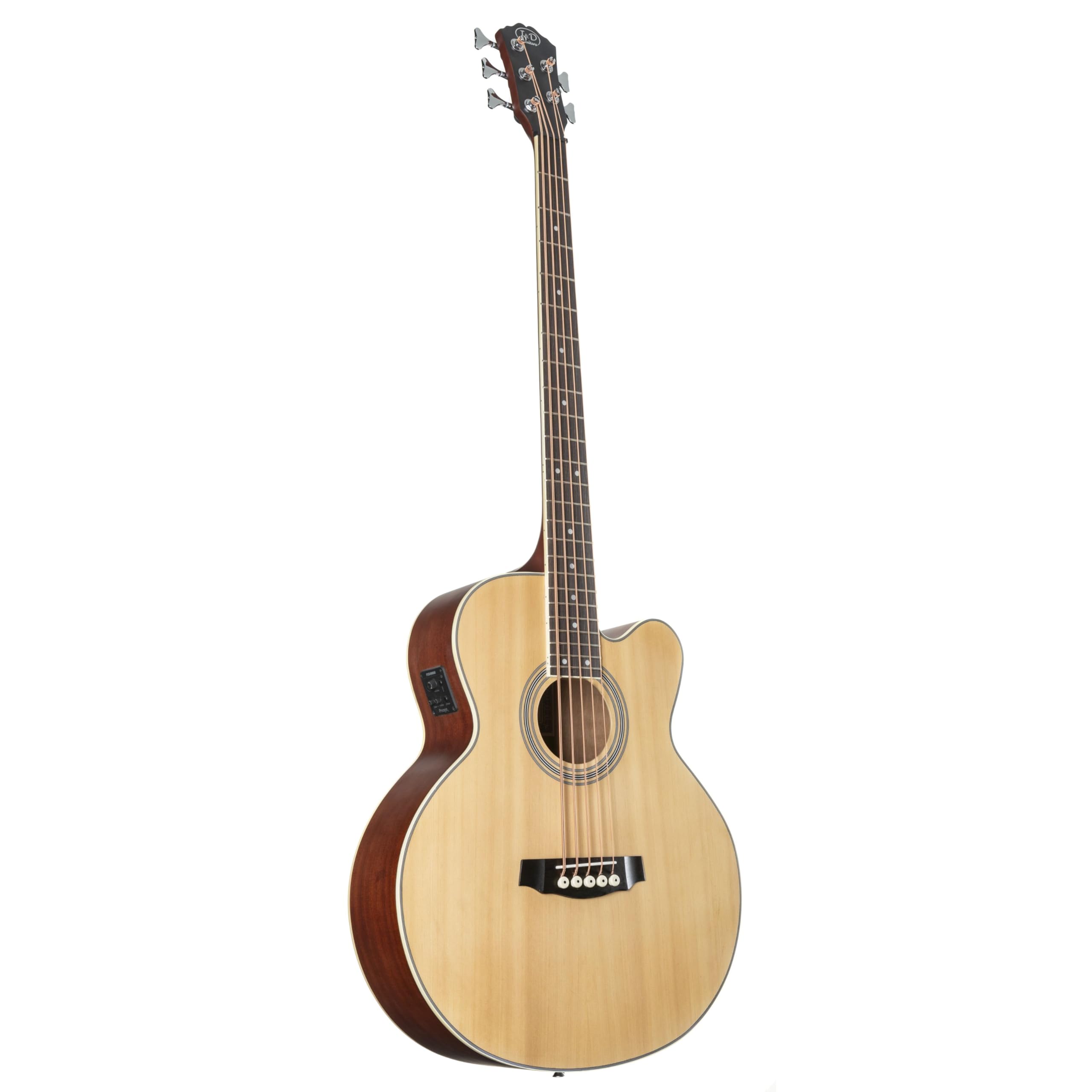 5-Saiter Akustikbass Jumbo Natural, Fichtendecke, Mahagoni-Korpus, Ahornhals, Tonabnehmer, 34" Longscale, Cutaway, Matt-Finish, Integriertes Stimmgerät