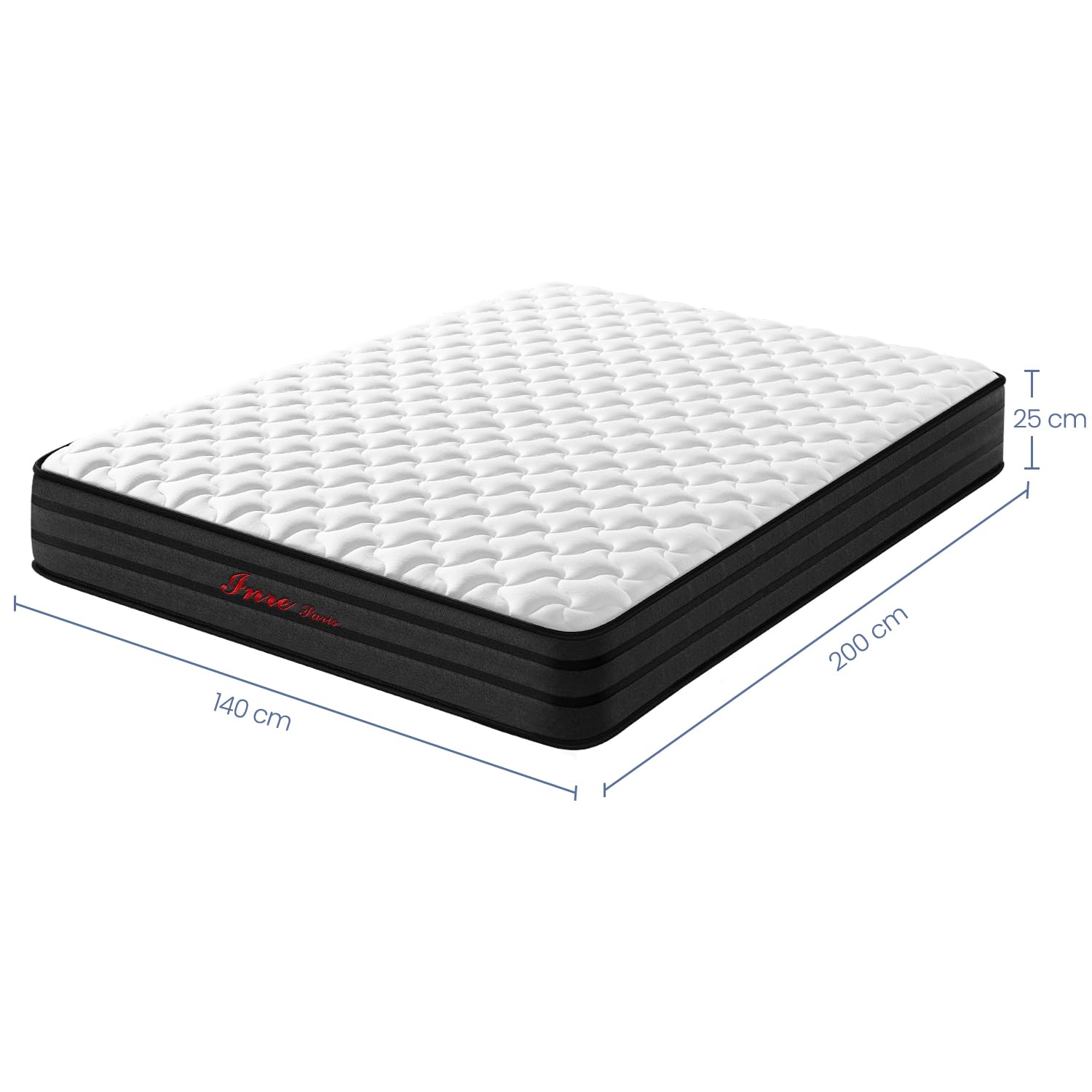 INRE Matelas 140x200 cm | Epaisseur 25 cm | Matelas en Mousse à Mémoire de Forme | Certifé Oeko-TEX | Respirabilité et Anti-acariens | Confort Ferme | Sommeil Profond | Réversible (Blanc et Noir) - 2
