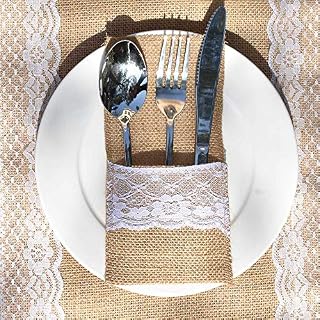 Awtlife 60 Packs Xmas Burlap Lace Utensil Holders Silverware Cutlery Pouch Knifes Forks Bag for Vintage Wedding