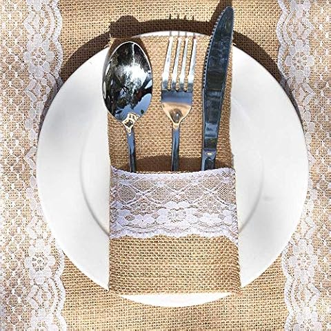 Awtlife 60 Packs Xmas Burlap Lace Utensil Holders Silverware Cutlery Pouch Knifes Forks Bag for Vintage Wedding Cover