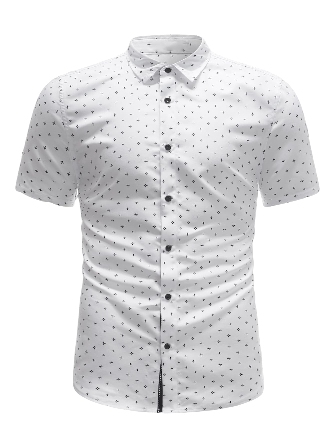 GORGLITTERMen's Allover Geo Print Button Down Short Sleeve Work Office Shirt Top White S
