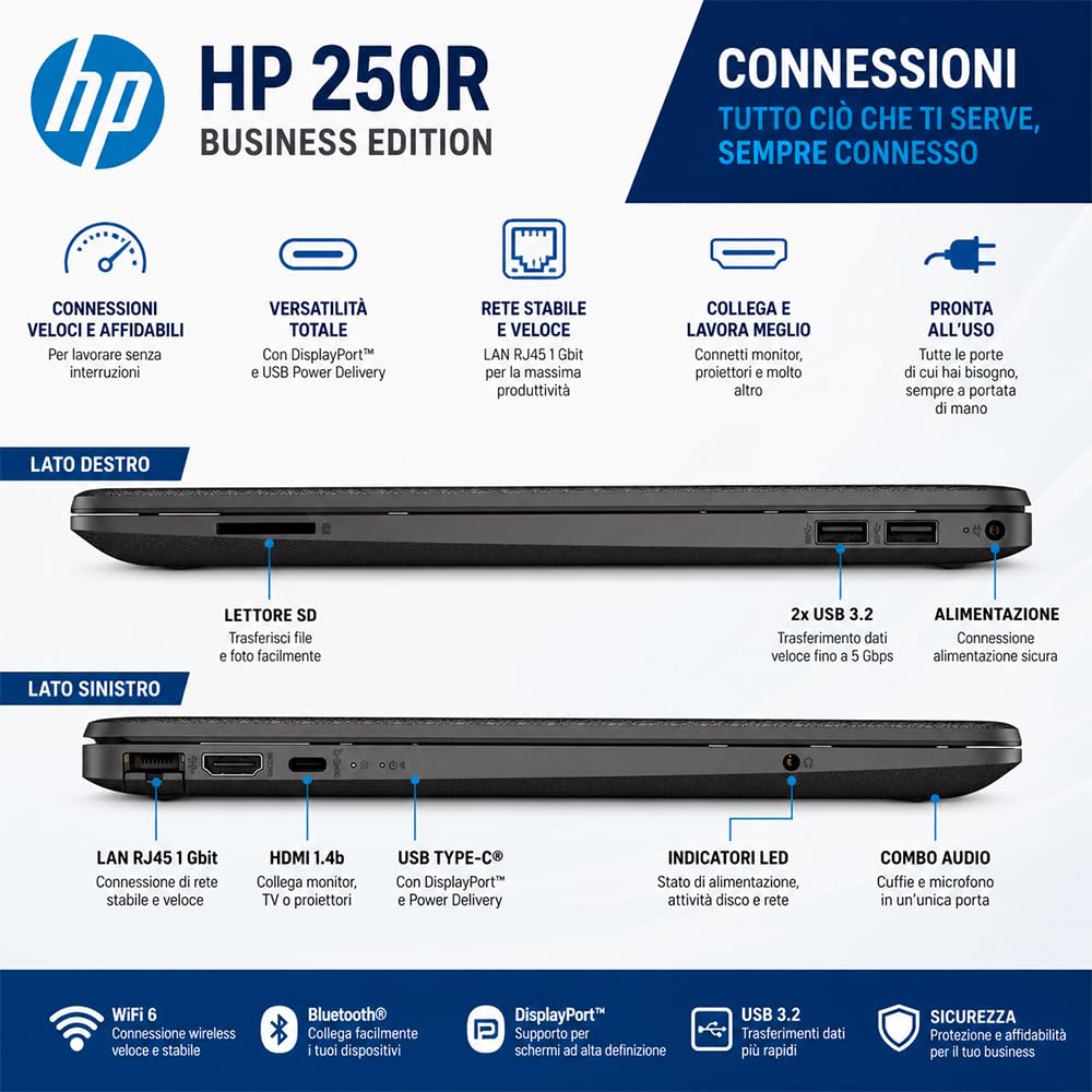 HP 250, PC Portatile, Intel Core 5-120U 13th 10Core, fino a 5 GHz, RAM 16Gb, SSD 512Gb, Display 15.6" IPS FHD, Wi-Fi 6, BT, WebCam, HDMI, LanRj45, Display port, Pronto all'Uso, 3 Anni di garanzia