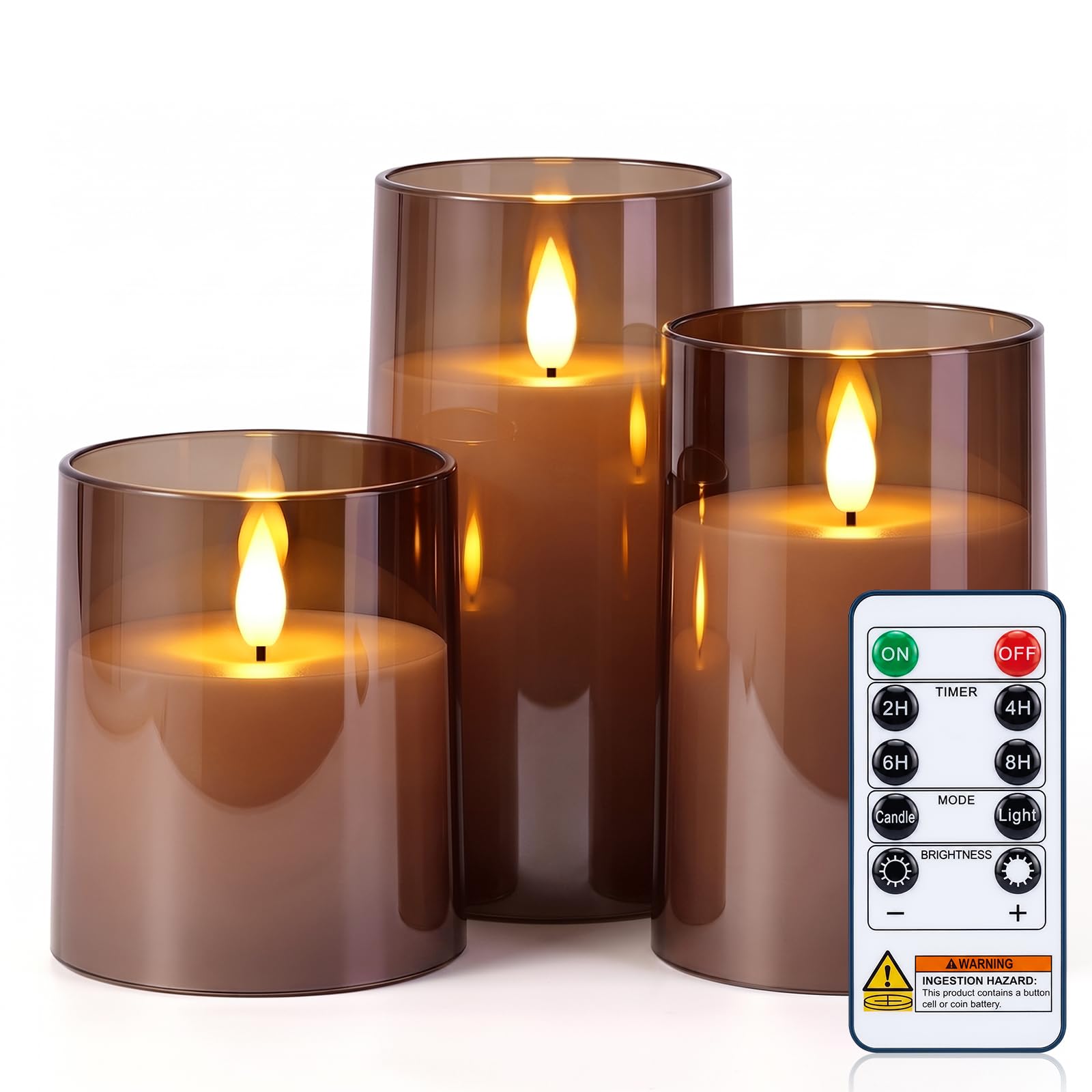 AMAGIC Flameless Candles with Transparent Acrylic Shell, Grey, Set of 3