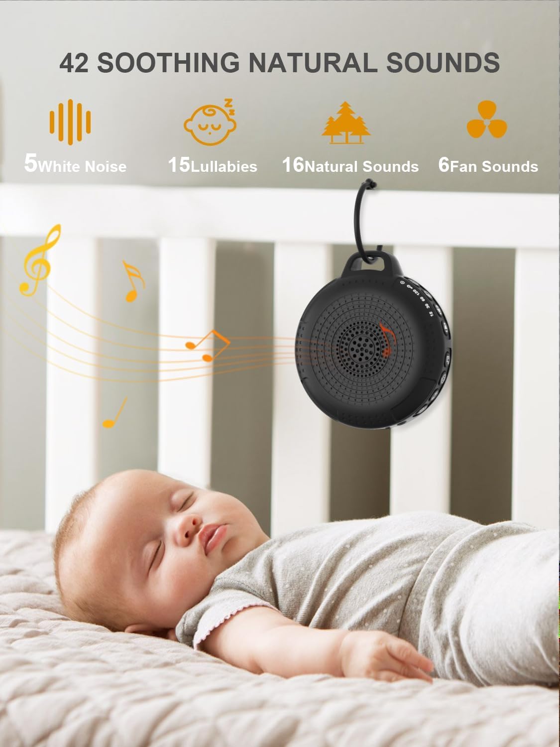 PPLEE CR1021 White Noise Machine with icons representing 42 soothing sounds: 5 white noise, 15 lullabies, 16 natural sounds, and 6 fan sounds.