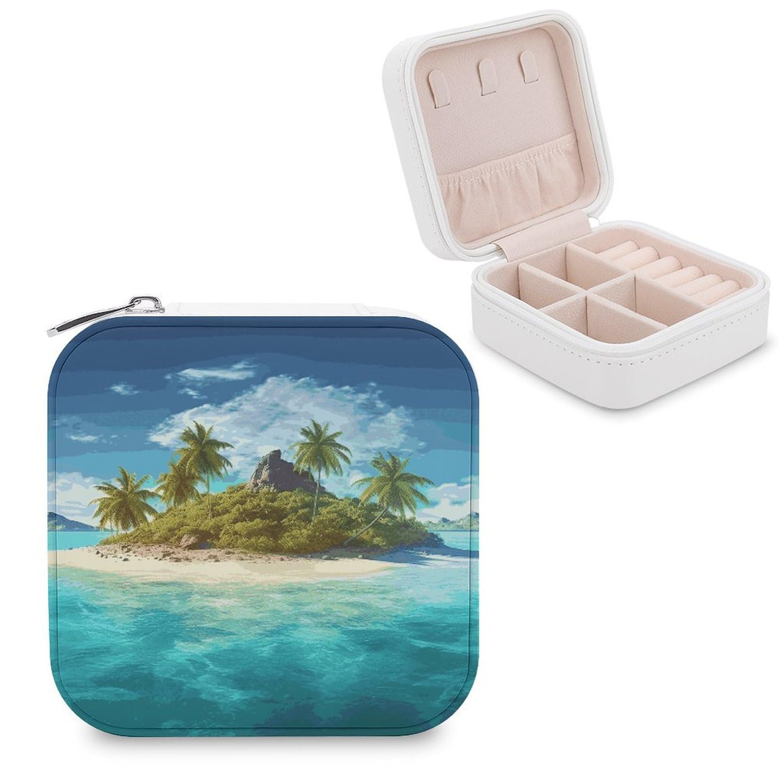 MUSM Tropical Island Travel Jewelry Case Personalized PU Leather Jewelry Boxes for Women Small Portable Jewelry Organizer Box Cute Trinket Box for Necklaces Rings Earrings & Gifts