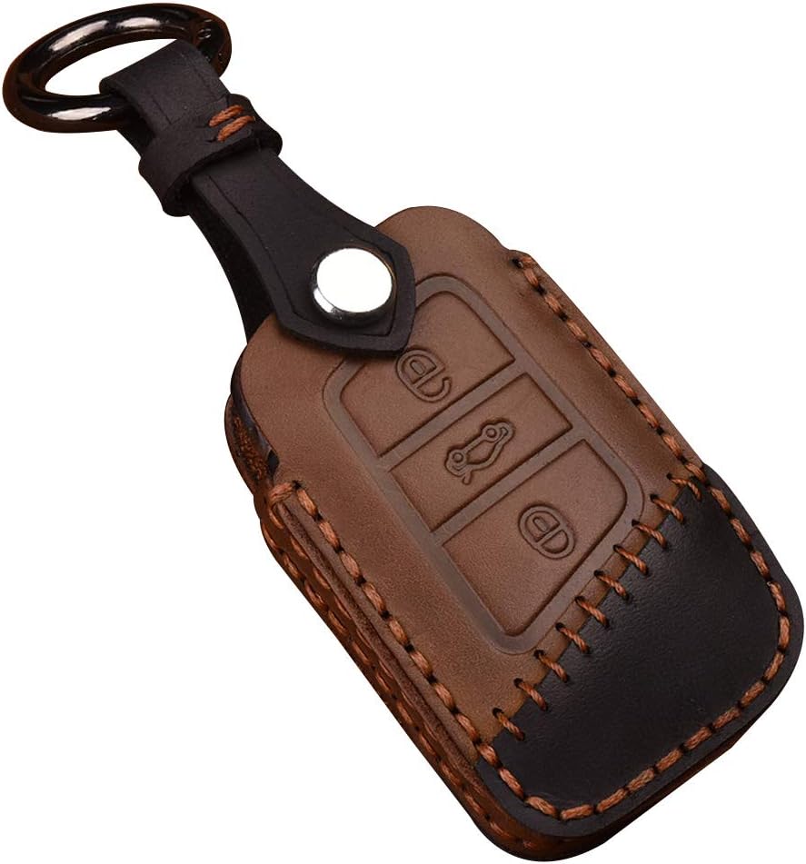 XITER Keyless Entry Remote Cover Leather Key Fob Case+Key Chain Ring For VW Passat Tiguan Atlas Golf Alltrack Jetta Skoda Superb A7 Skoda Skoda Kodiaq (BROWN)