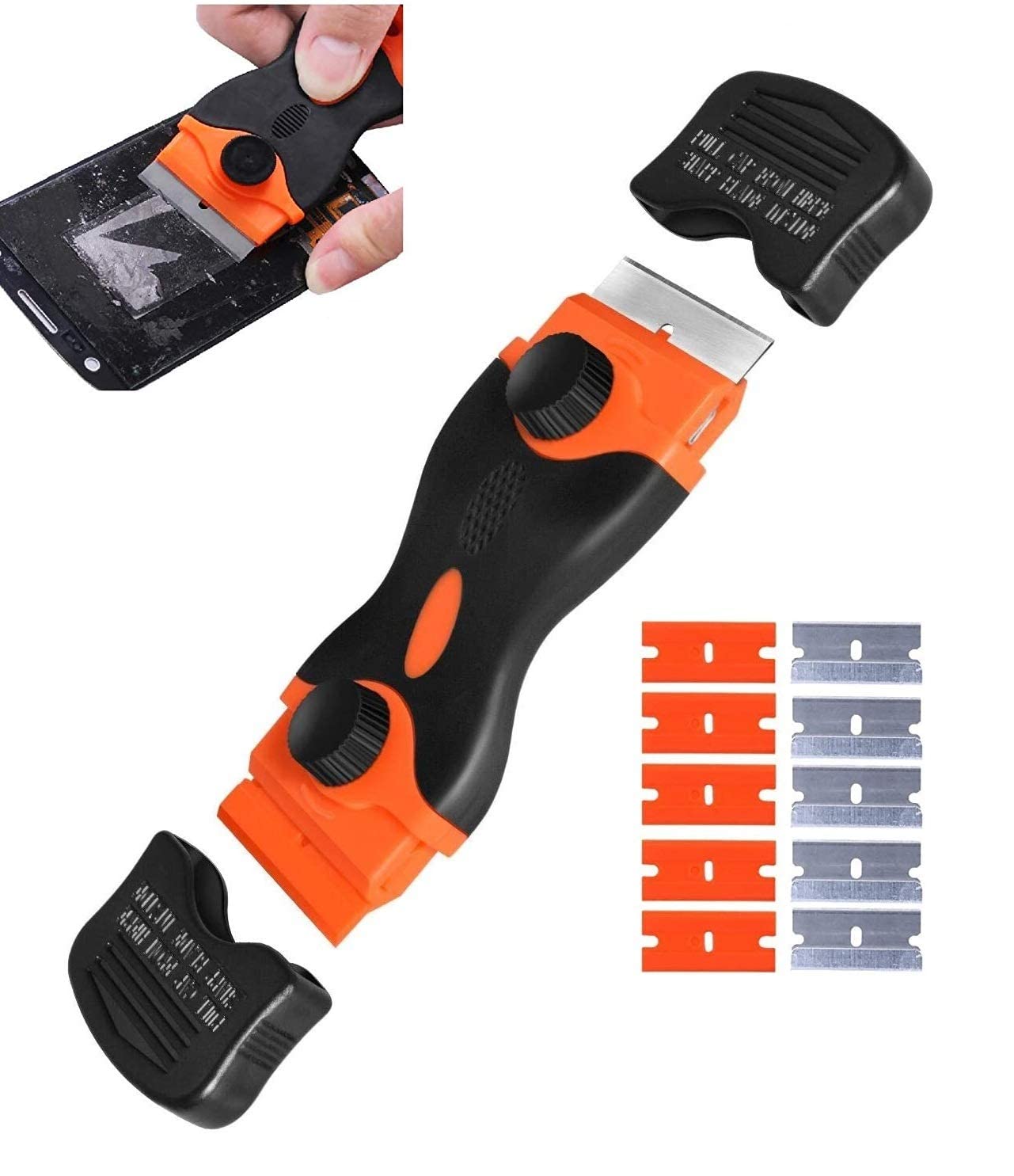 Double Edge Mini Razor Scraper Touch LCD UV Glue Remover with 5 Pcs Plastic and 5pcs Steel Razor Scrapper Blades for Removing Labels, Stickers, Decals from Glass and Windshields (Multicolor)
