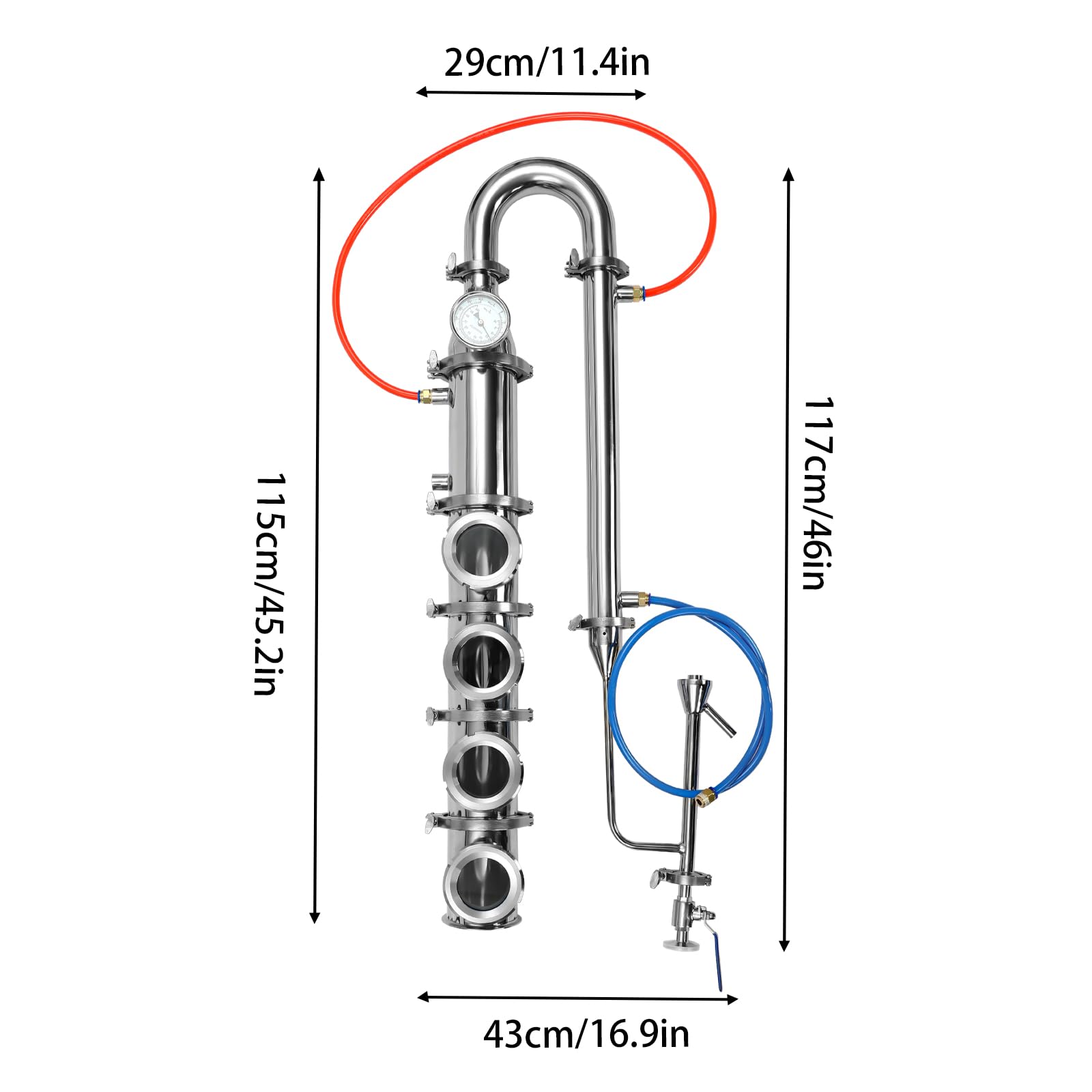 AGULIUM 4-Layer 4in Plate Stainless Moonshine Still Flute Column, Stainless Steel Alcohol Distiller Flute Reflux Column Still with Sight Glasses, Home Brewing Wine Making Kit for Whisky Brandy