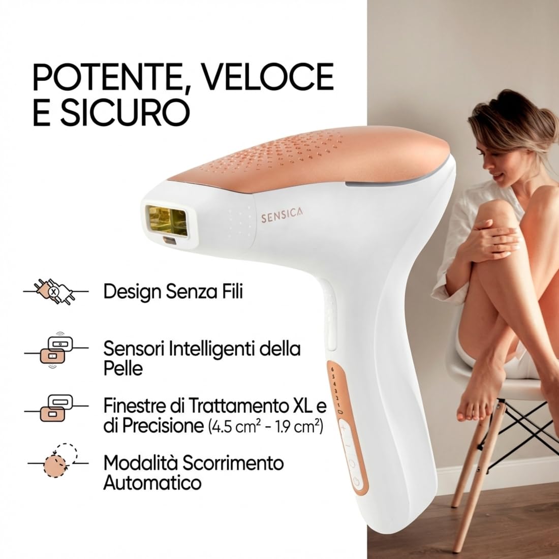 Sensica Sensilight PRO Epilatore IPL a Luce Pulsata Senza Fili per Donna e Uomo, Epilazione a Casa, Finestra XL Corpo, Testina Precisione Viso, Auto Glide, 6 Livelli di Energia, Sensori Intelligenti