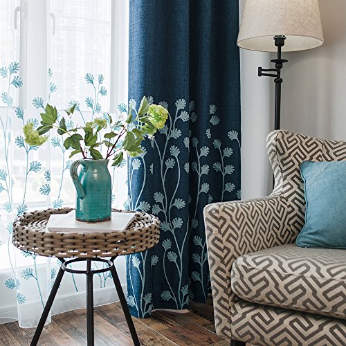 Limited Discount Melodieux Plant Embroidery Faux Linen Blackout Wide Curtains for Living Room Patio Door Large Window Grommet Drape, 1 Panel, 100 by 96 Inch, Navy/Blue