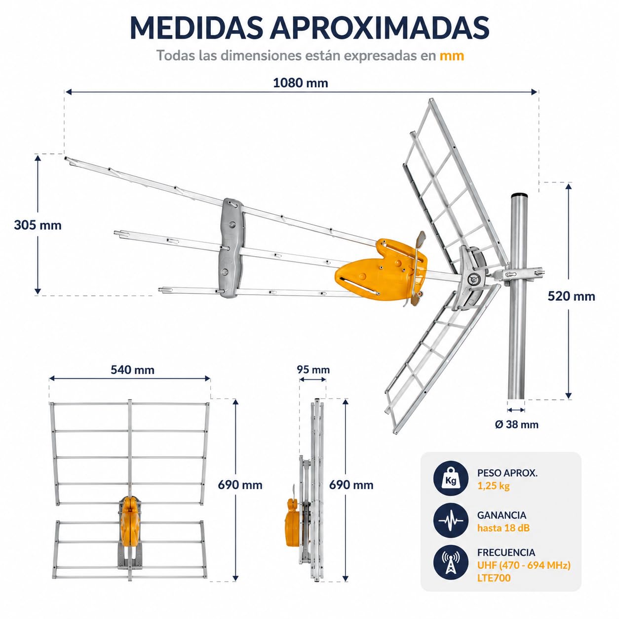 CABLEPELADO - Antena TV Exterior DAT Boss UHF para 2º Dividendo Digital LTE700 | Filtro Anti-Interferencias 4G 5G Rango 470-694 MHz | Ganancia hasta 18 dB Chasis Aluminio para Mástil | Gris