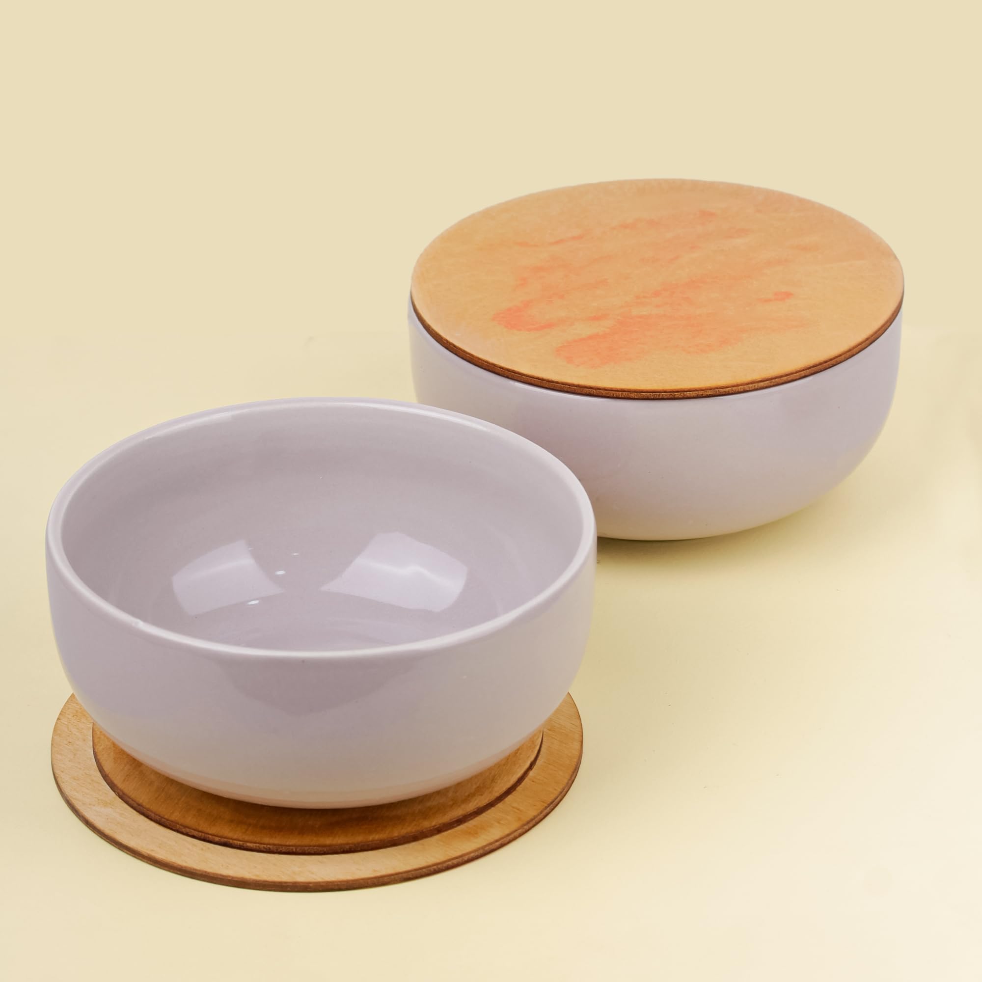 The Earth Store Set of 2, 500ML Solid Lavender Ceramic Bowl with Multipurpose Uses Lid, Coaster | Dishwasher & Microwave Safe | Ideal for Rice, Dal, Fruits, Salad, Snack Bowl | Mixing Bowl