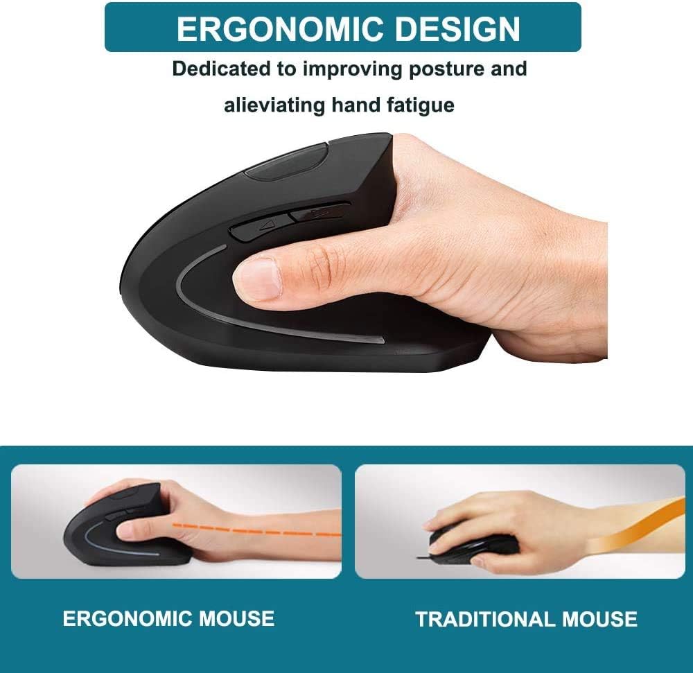 Rechargeable Vertical Mice Ergonomic Wireless Mouse, Vertical Mouse Ergonomic Design with 2.4G USB Receiver 3 Adjustable DPI 800/1200/1600 Levels 6 Buttons for Computer, Laptop, Notbook,PC, MacBook