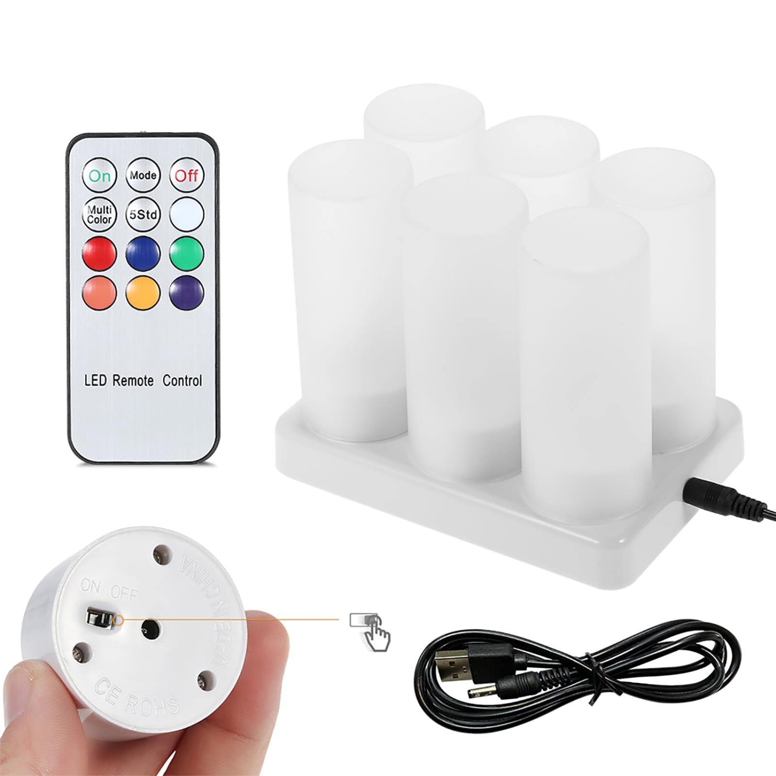 Lot de 6 bougies chauffe-plat LED rechargeables à changement de couleur vacillante sans flamme avec télécommande USB 5 V Base de charge pour fête de Noël, vacances, festivals, mariage