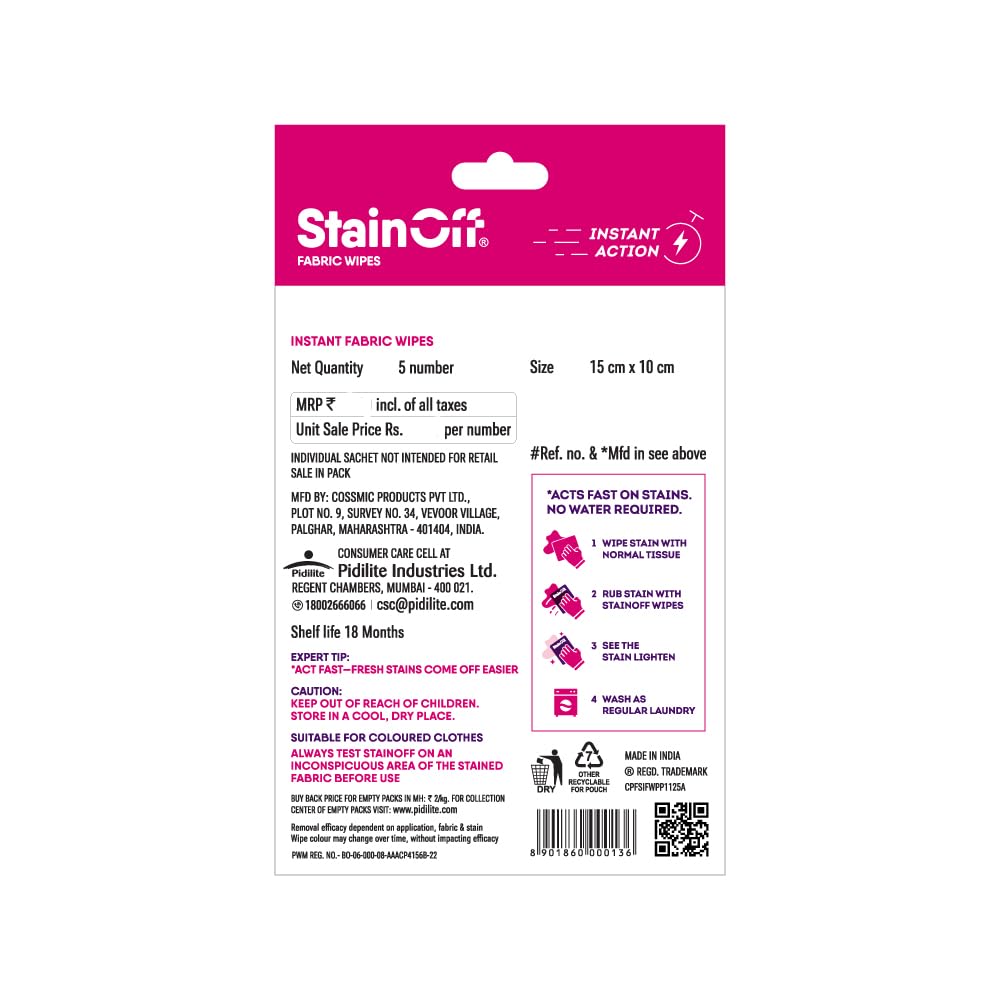 Image of StainOff Stain Remover Wipes For Tough Stains like Tea, Curry, Mud Stains, Helps Remove Stains from White and Coloured Clothes, Fabric (5 in 1 Pack)