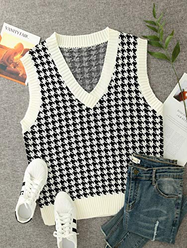 Image of WFHFNJW Women Houndstooth Pattern Knit Sweater Vest Sleeveless Loose V-Neck 90s Waistcoat Pullover Knitwear Top