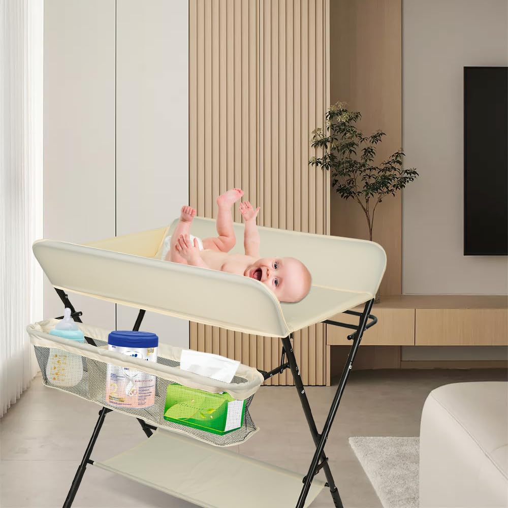 Mueble Cambiador Bebe Plegable y Portátil, Cambiador con 4 Ruedas,Patrón de Jirafa-80 x 66 x 92/95/98 cm (Beige)