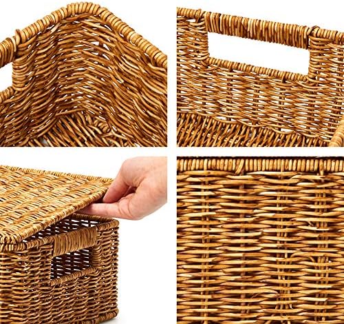 EZOWARE Set of 3 Resin Woven Storage Basket Box with Lid, Wicker Hamper Shelf Organiser Bin Containers with Side Handles for Kitchen, Living Room, Bathroom, Bedroom - Natural Brown