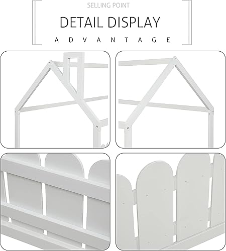 Miniatura 16 de Bellemave Cama de casa Queen con techo de madera, camas Montessori para niños, marco de cama de piso de madera para niñas, niños, adolescentes y Gris