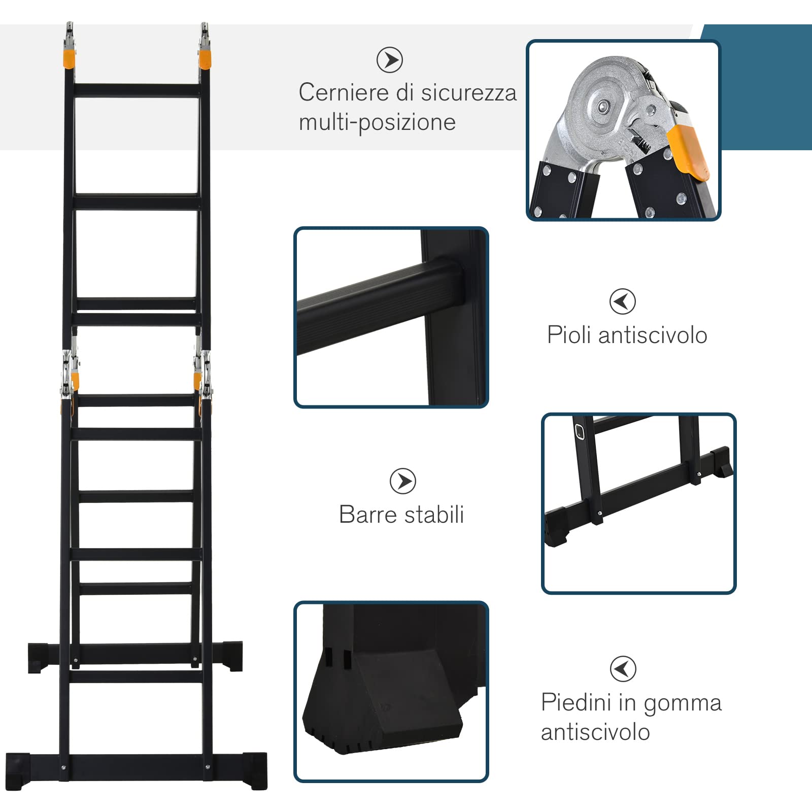 DURHAND Scala in Alluminio 5 in 1 Nera con 2 Pannelli di Sostegno, Scala Pieghevole per Interni ed Esterni, Carico Massimo 150kg, 370x61x11 cm