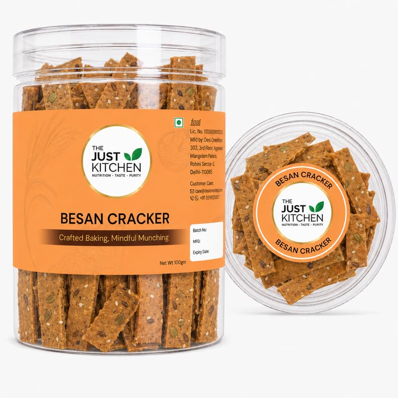 The Just Kitchen Besan Crackers (100g) | Baked Gram Flour & Seed Crackers | Protein Rich Savoury Snack | No Artificial Flavours-image-36