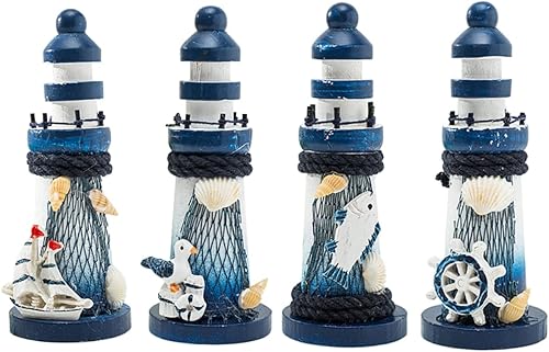 LIFKOME 4 piezas de decoración de faro náutico en miniatura de madera náutica decorativa mediterránea paisajismo océano mar tema adorno para