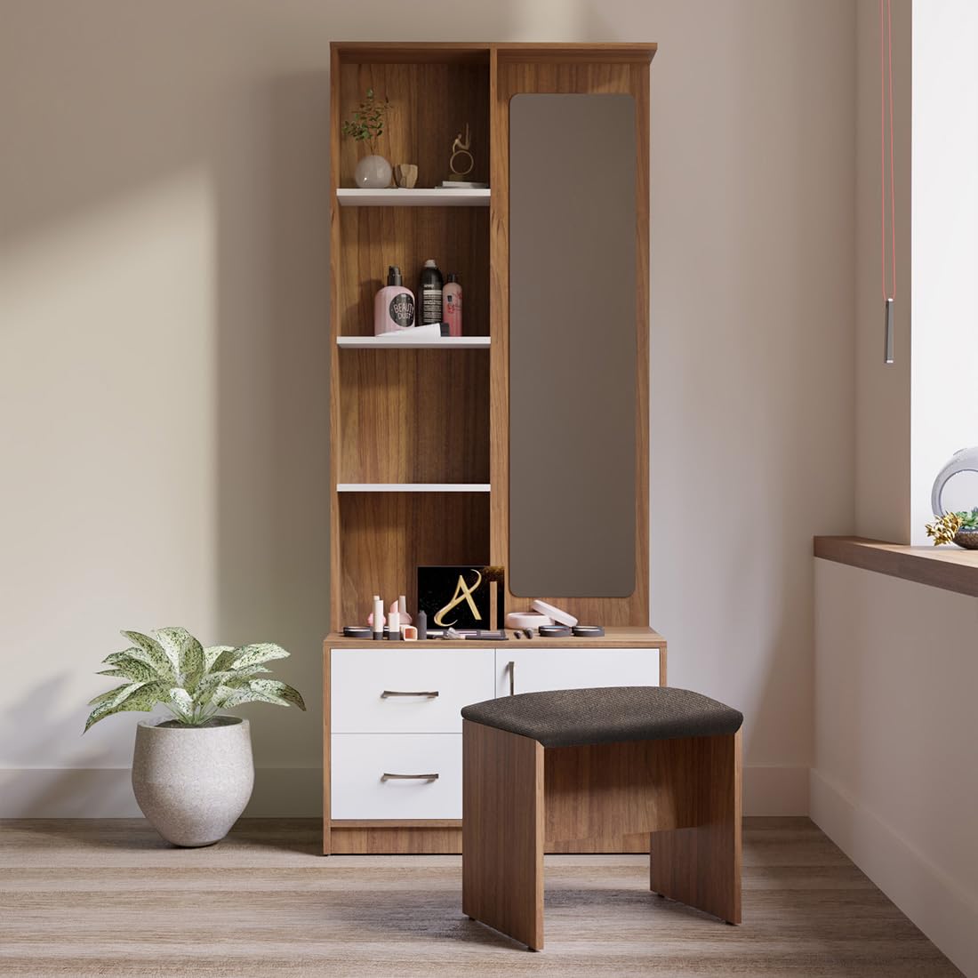 Lisa Dressing Table Modern Dressing Table with Mirror, 4 Storage Shelves, 2 Drawers and Stool, 183 cm Height, Leon Teak and White-image-5