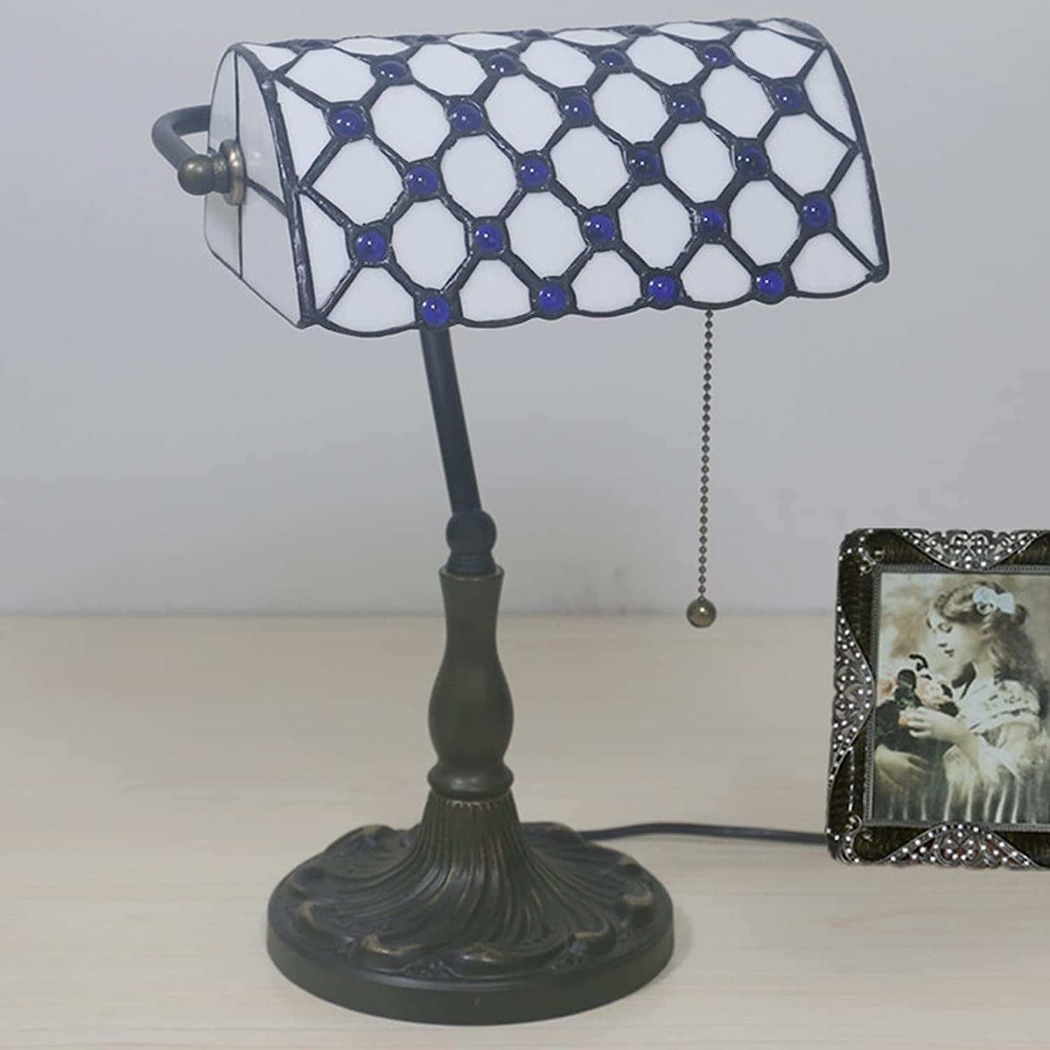 Bankiers Tischlampe, farbige Glaslampe, Kristallperlenschreibtischlampe, Schlafzimmer in der Nacht Leselampe (weiße Blaue Glasperlen Schatten) Innovate