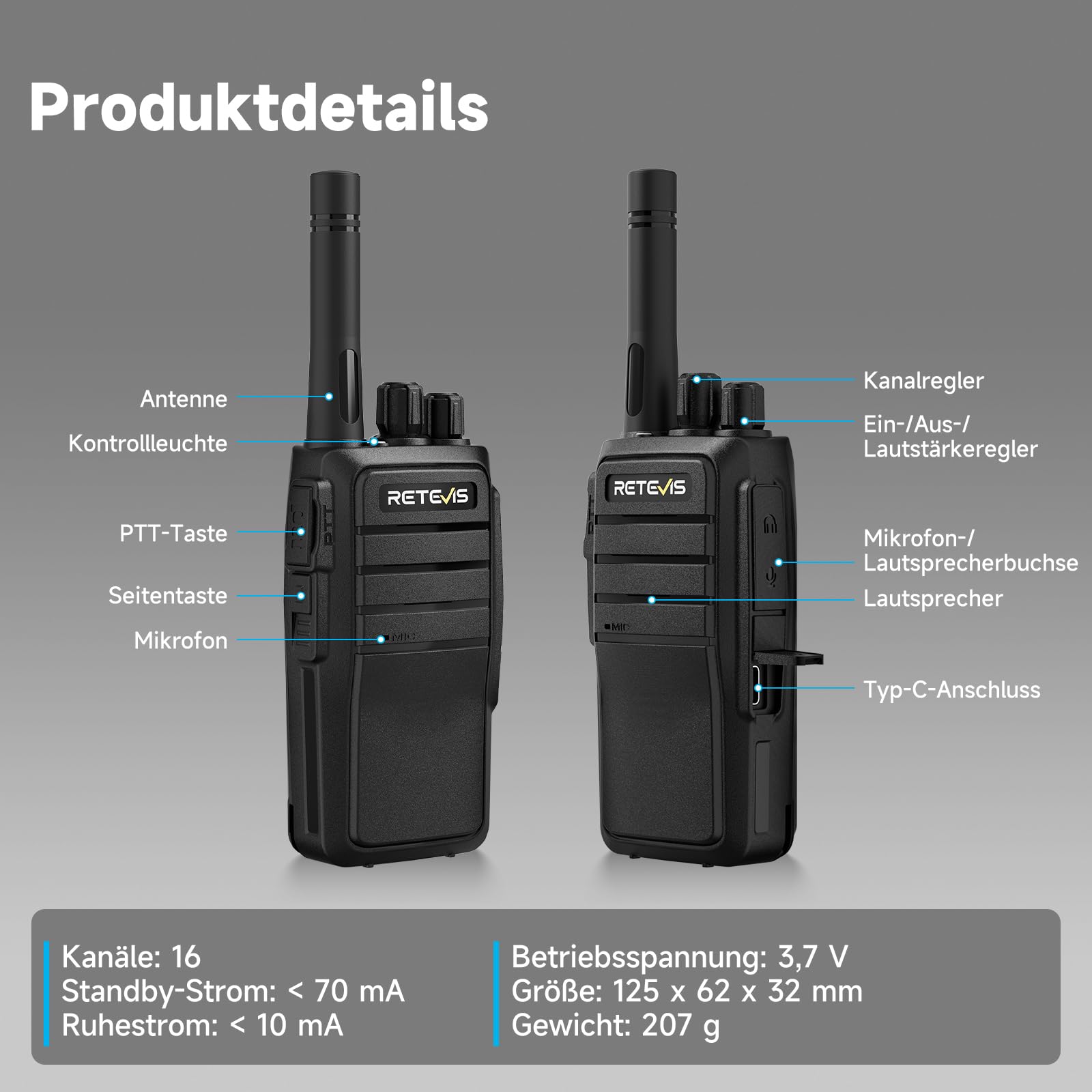 Retevis RT21 Handheld-Walkie-Talkies-Radio 16CH Wiederaufladbare 2-Wege-Fernverbindung mit CTCSS/DCS VOX für die Planungssicherheit des Airsoft-Wanderfestivals, Rettung(4 Stück Schwarz)