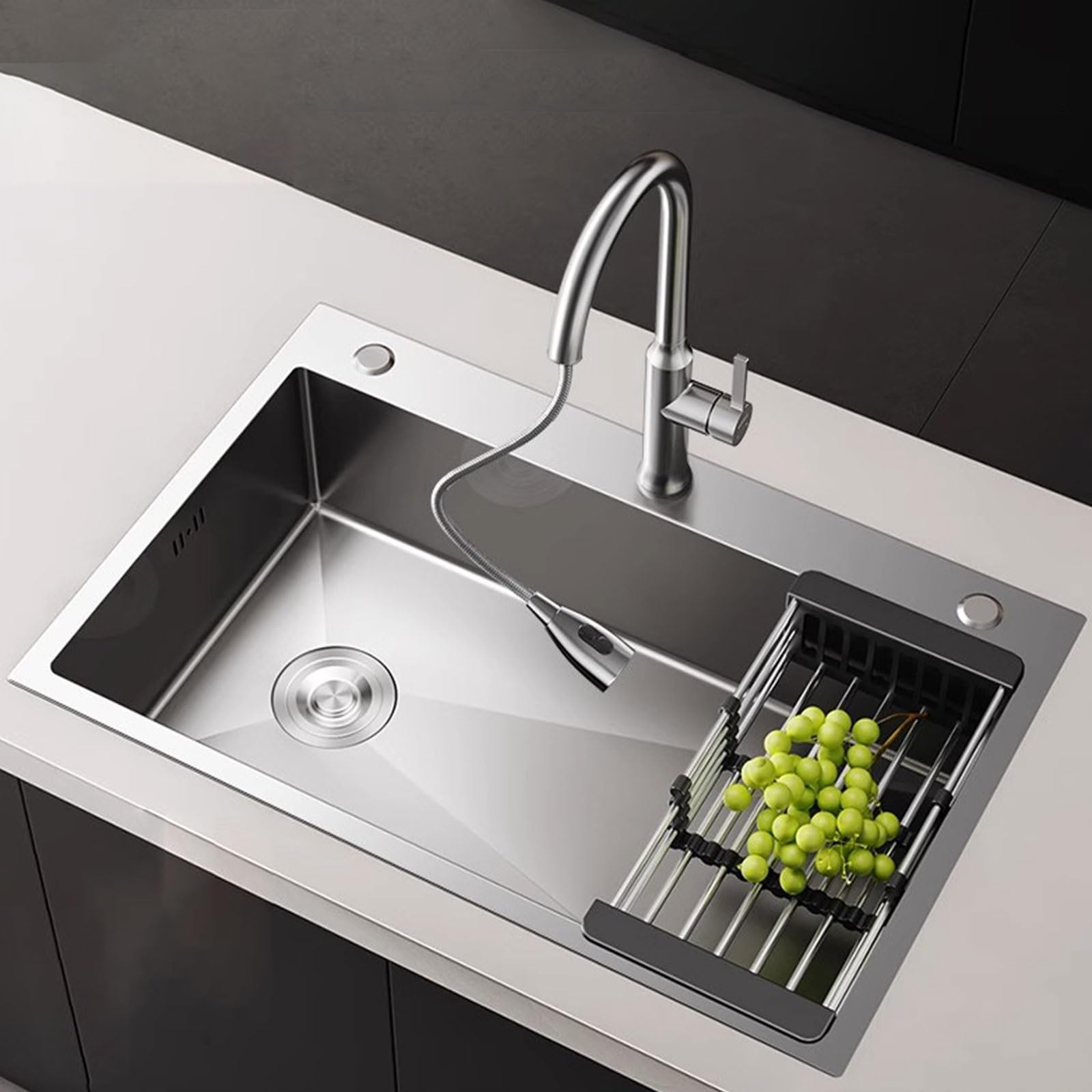 Évier de cuisine à cuve unique avec robinet extractible et panier de vidange noir