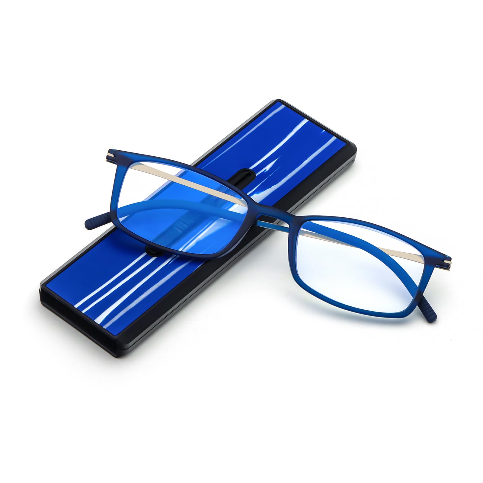 MMOWW Anti-luz Azul Gafas de Lectura Ultra Ligeras para Hombres Mujeres Plegables Compacto Lector de Ordenador Portátil Estuche Plano Delgado Estirable Único (Azul, +2.0)