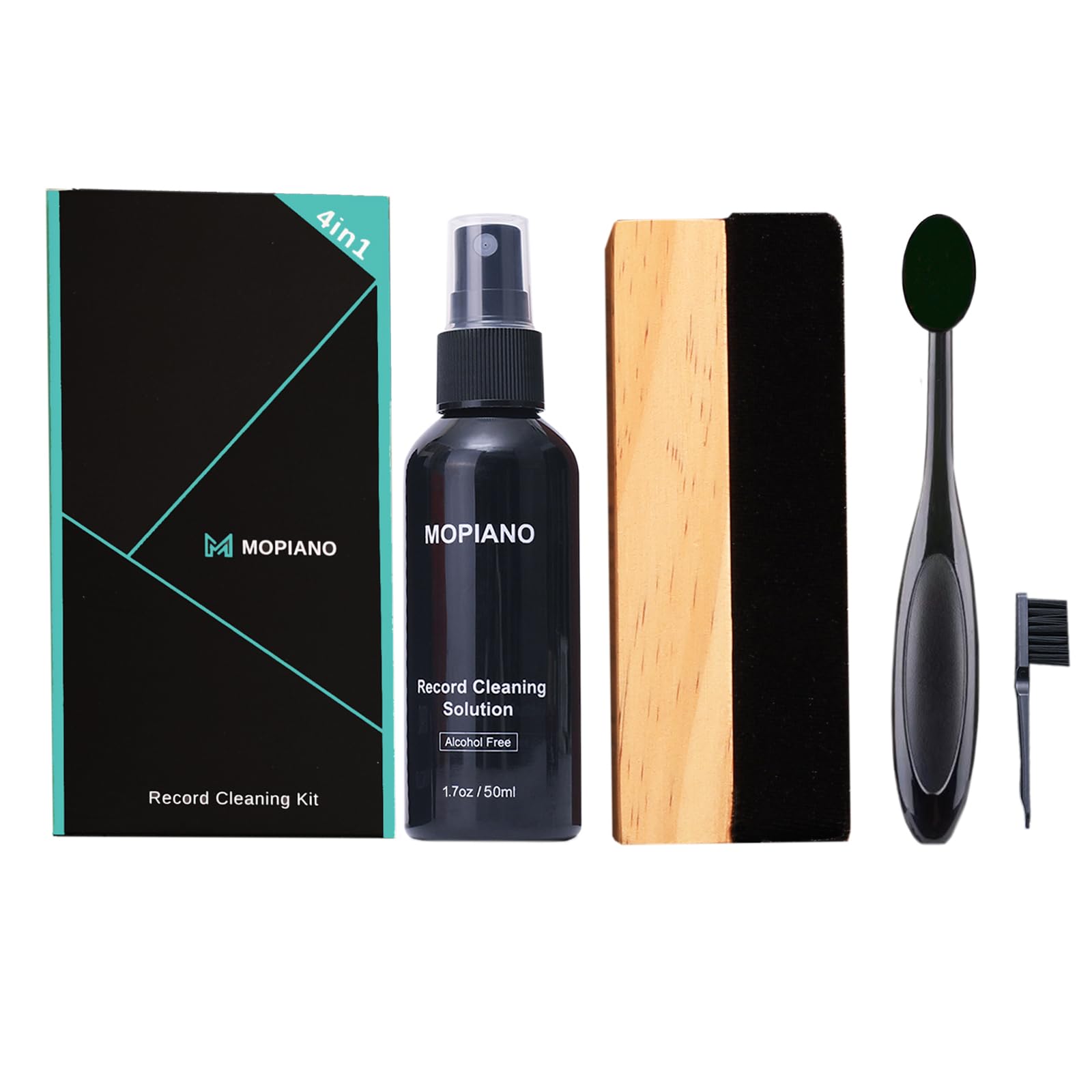 Kit de nettoyage de disques Mopiano | Nettoyant vinyle complet 4-en-1 pour albums | Comprend une brosse en velours doux pour disques vinyles, un liquide nettoyant LP, une brosse à stylet, une brosse