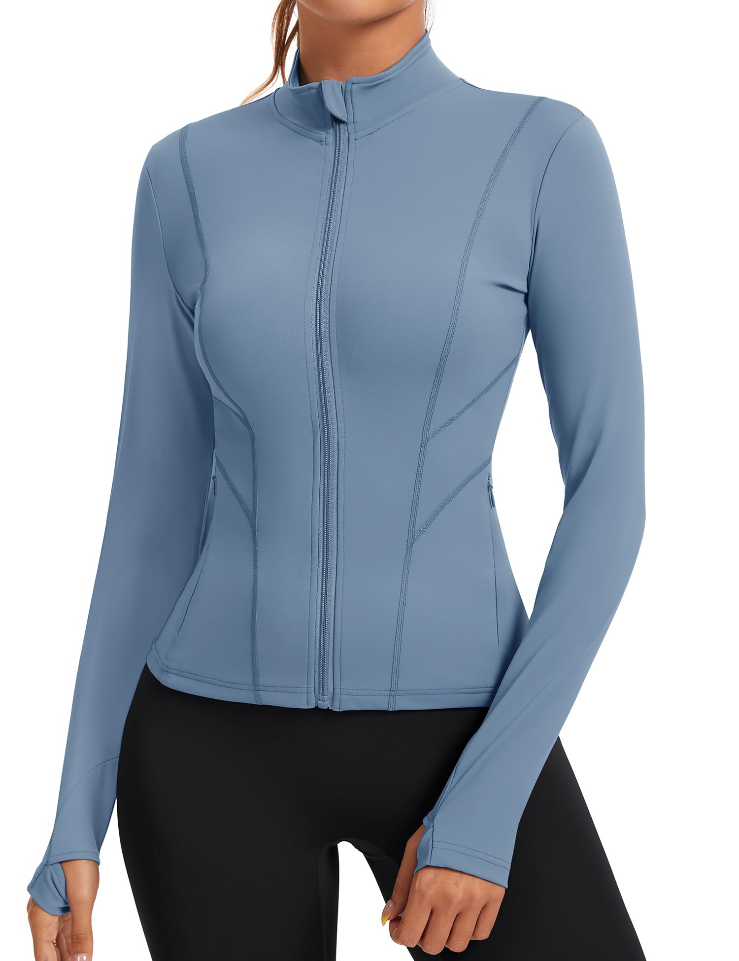 Rapbin Damen Laufjacke Sport Oberteil Sportjacke Langarm Gym Tops Atmungsaktive Leichte Trainingsjacke für Yoga Gym Fitness Mit Daumenloch und Seitlichem Reißverschluss
