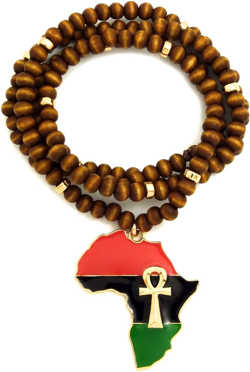 GWOODAfrica with Ankh Metal Pendant Brown Wood Bead 31 Inch Necklace
