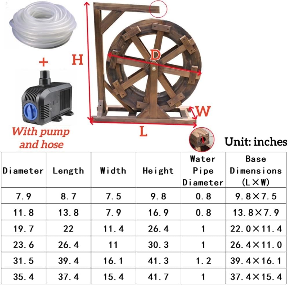 Pump-Driven Wooden Water Wheel, Outdoor Fountain Decor with Hose, Pond Waterfall for Yard, Garden, and Pond(35.4in)