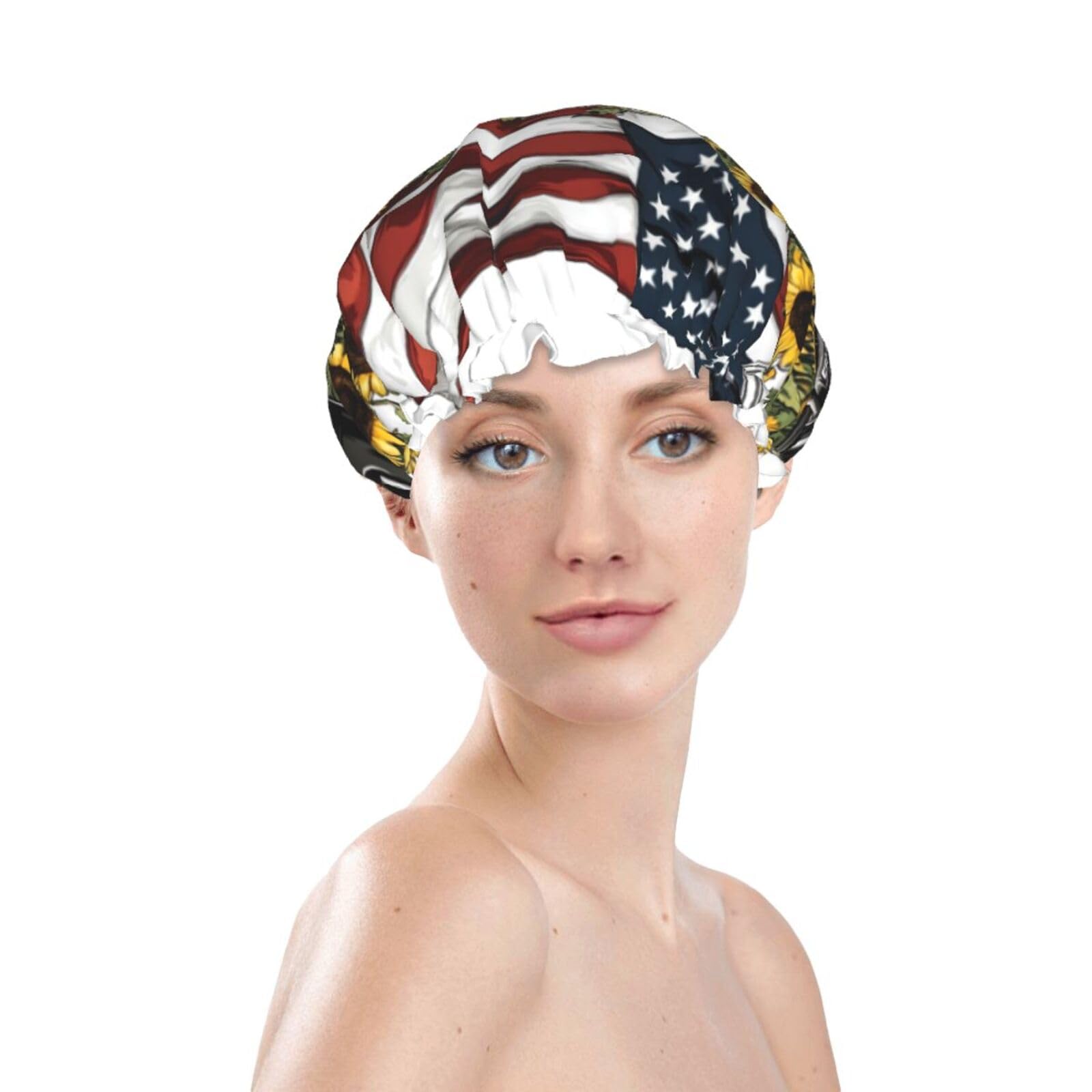 Black Truck With An American Flag Shower Cap For Women Double Layer Lined Reusable Waterproof Bathing Shower Hat For All Hair