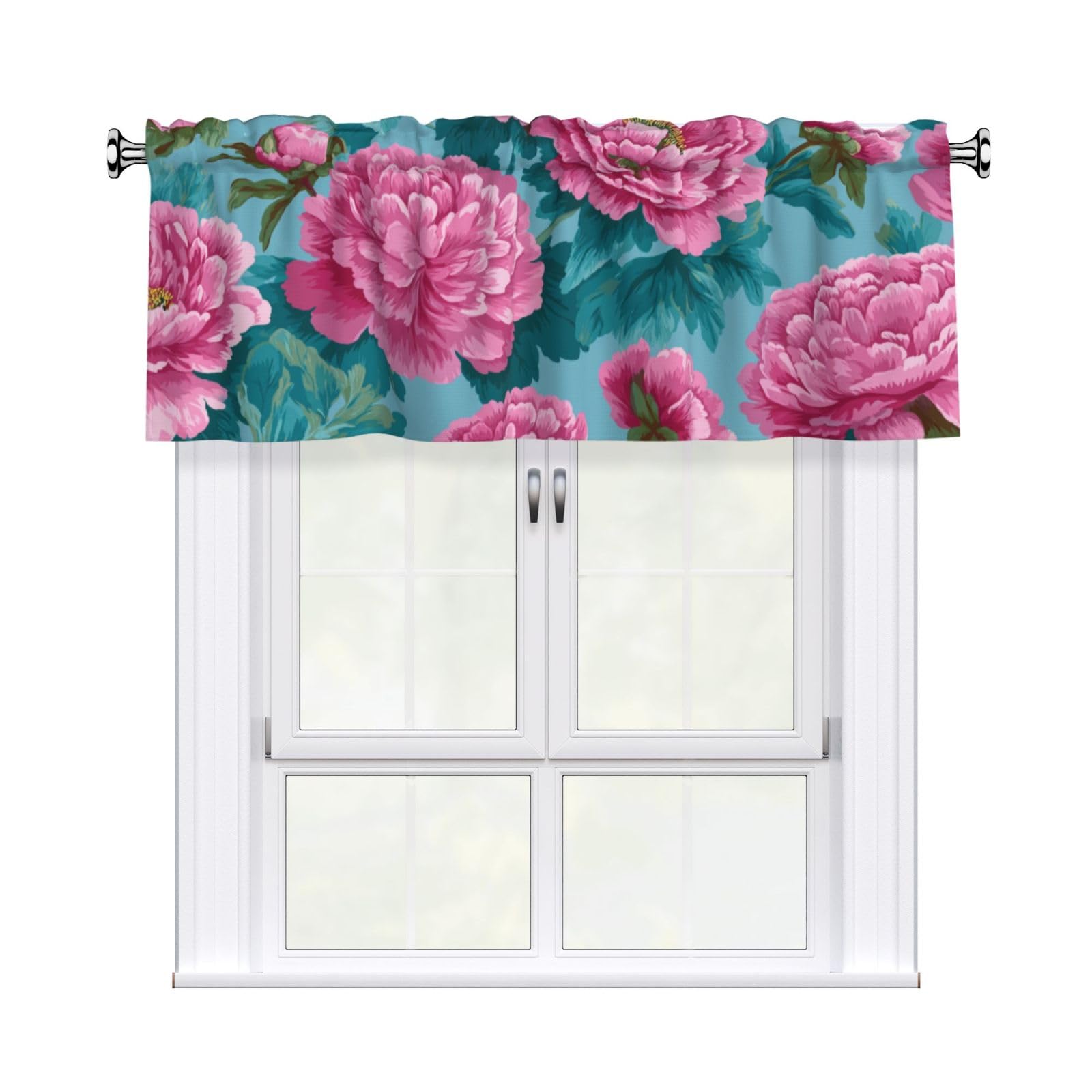 Woshuwo Pink And Turquoise Peonies On Blue Valances For Windows Rod Pocket Window Treatment Short Curtains For Kitchen Living Room Bedroom Decor 54x18in