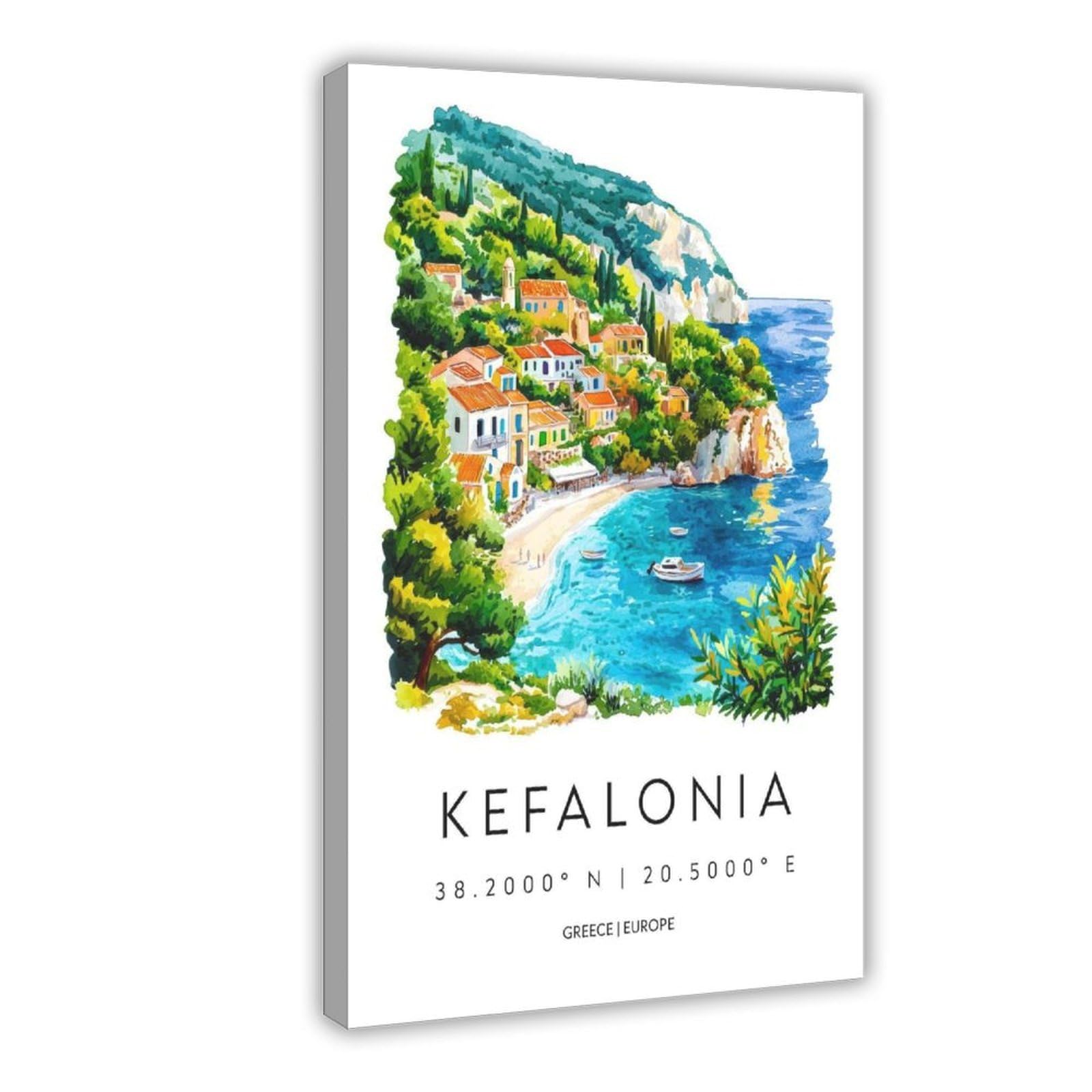 Qogdaf Kefalonia Watercolor Greece Travel Canvas Poster Wall Art Decor Print Picture Paintings For Living Room Bedroom Decoration 08X12inch(20X30cm)