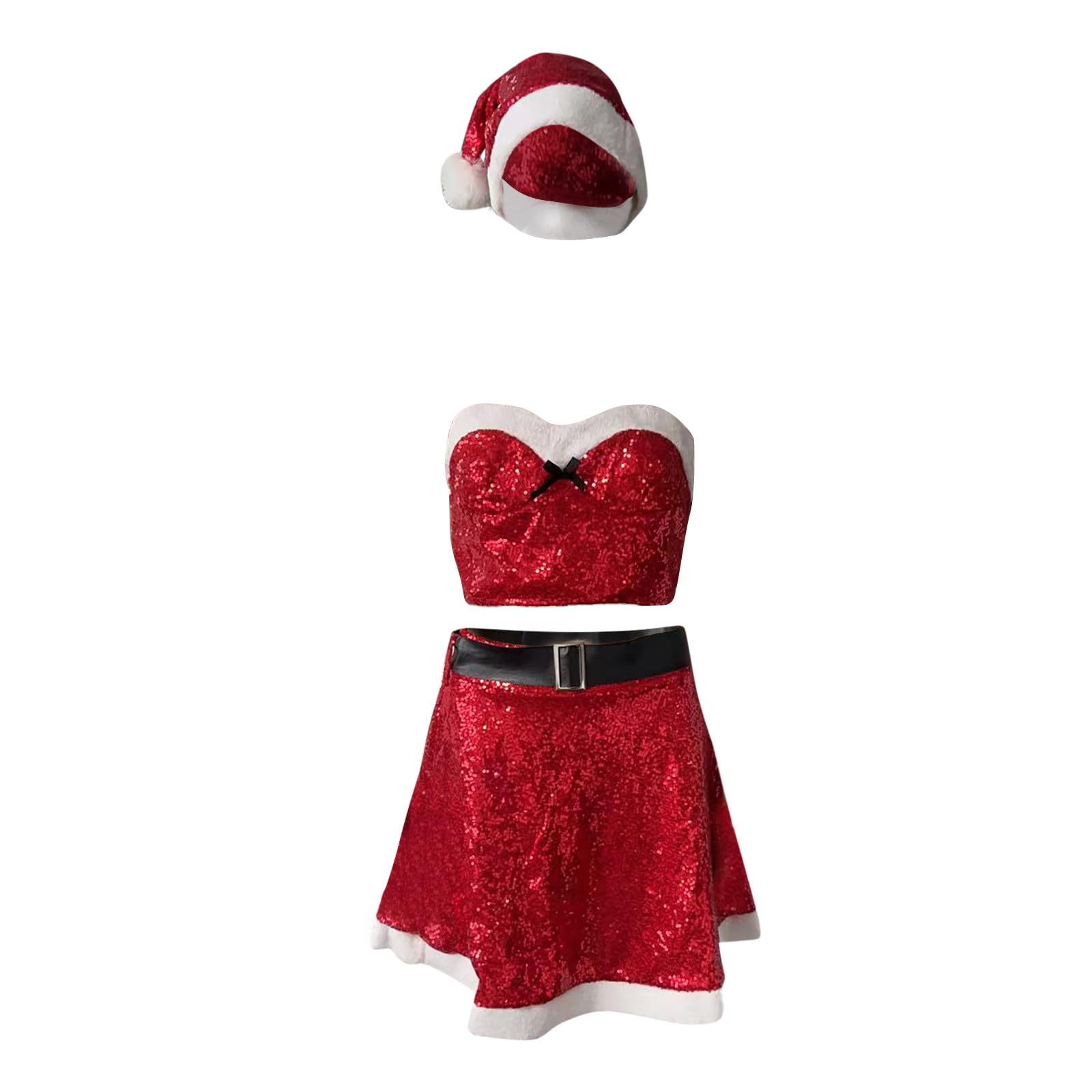 Faschingskostüme Damen Elegantes Zweiteiliges Weihnachtskostüm Damen Kurzer Rock Cosplay Santa Outfit Festlich Rot Plüsch Weihnachtskostüm Verspielt